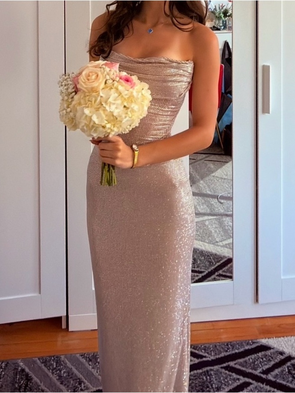 Elegant Strapless Sequin Evening Gown in Champagne